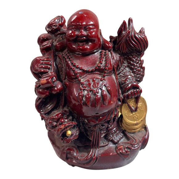 Laughing Buddha Figurine Dragon Gold Coin Red Glaze Resin Feng Shui Wealth READ - Picture 1 of 11